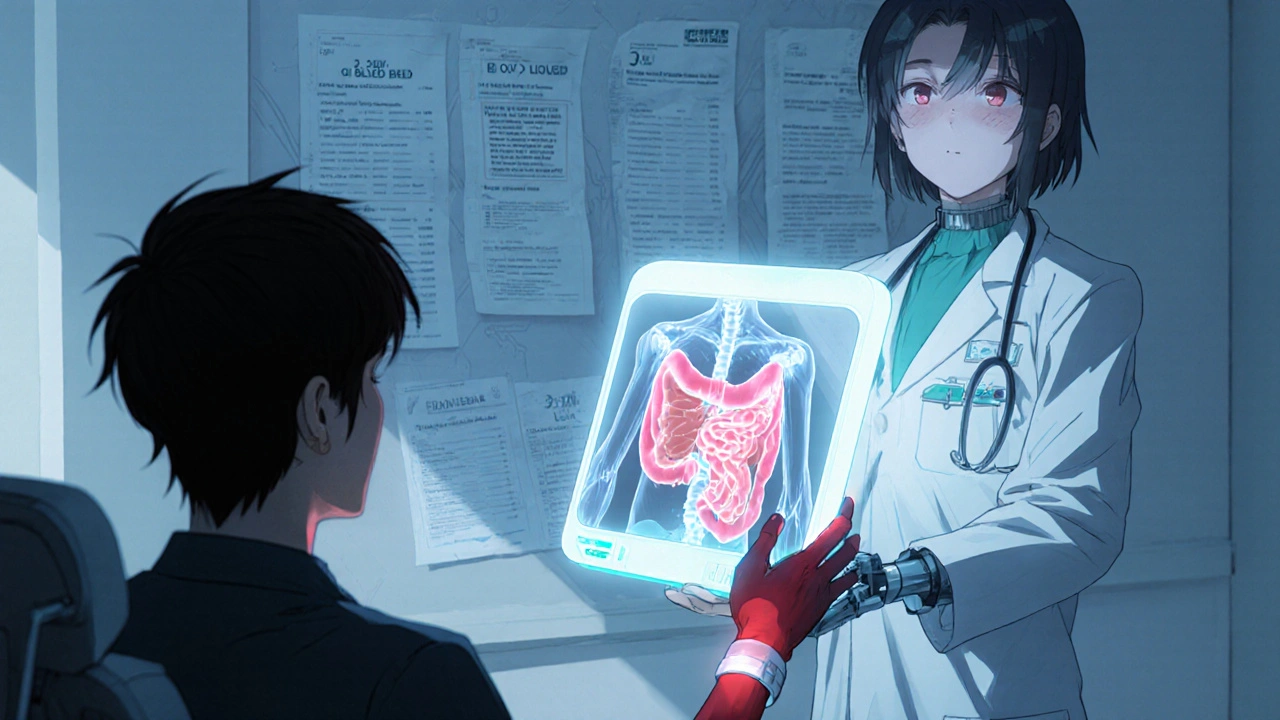 A doctor using a risk calculator to show bleeding danger zones on a human body with glowing red indicators.