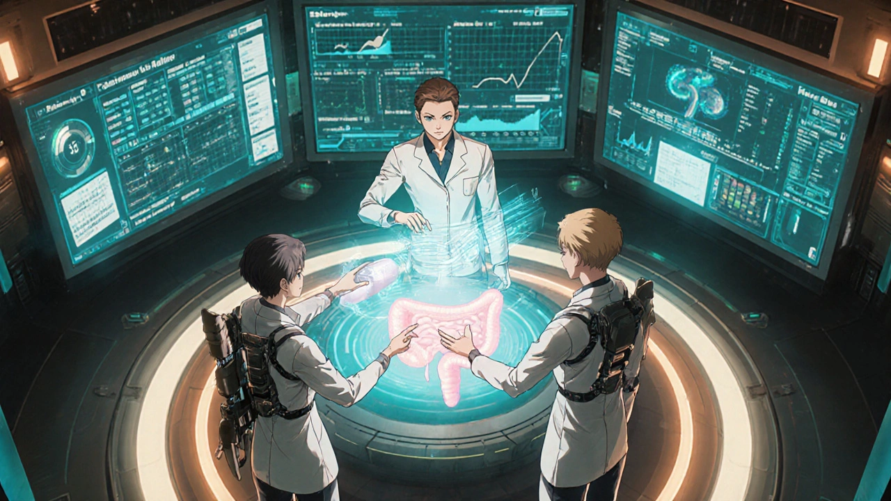 A futuristic medical team managing CKD care using holographic data and potassium binder analytics.