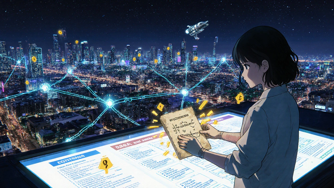 A futuristic network of data streams verifies drug lots across a city, with AI matching handwritten codes to a digital ledger.