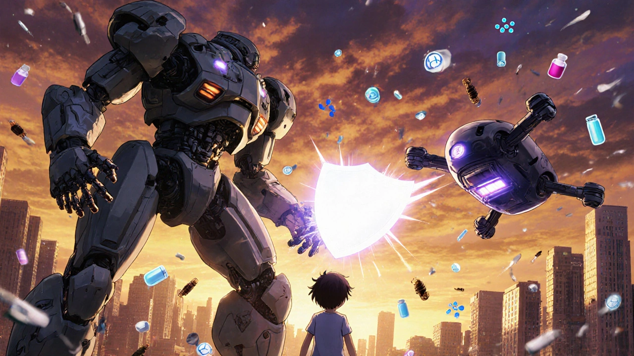 A giant SCIT mech and agile SLIT drone battle and merge into a protective shield over a child’s chest.