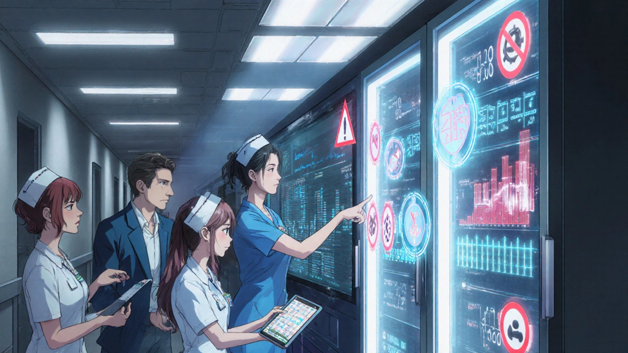 A healthcare team reviews ADC safety data on a digital dashboard, with glowing icons representing the nine safety rules.