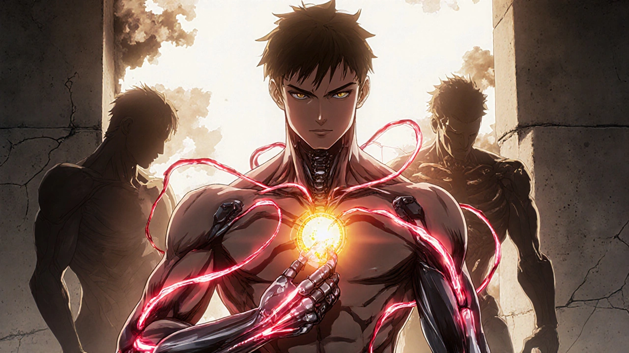 A man receiving testosterone therapy as robotic light rebuilds his muscle and bone strength.