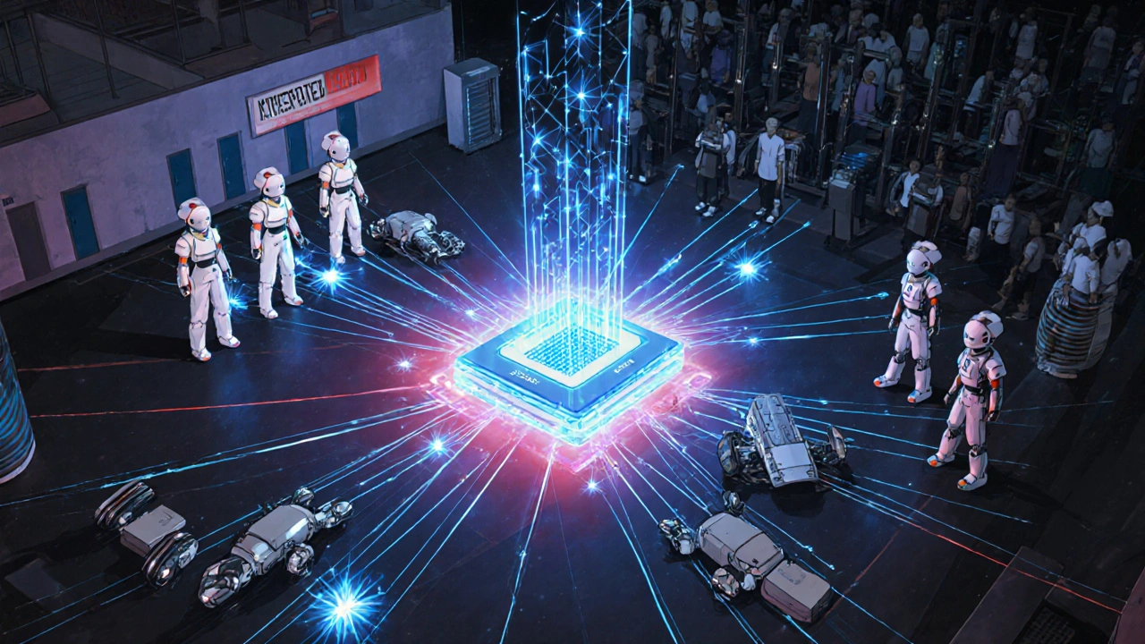 A neural network connecting hospital and gym with glowing data streams and hybrid MRSA drones crawling along wires.