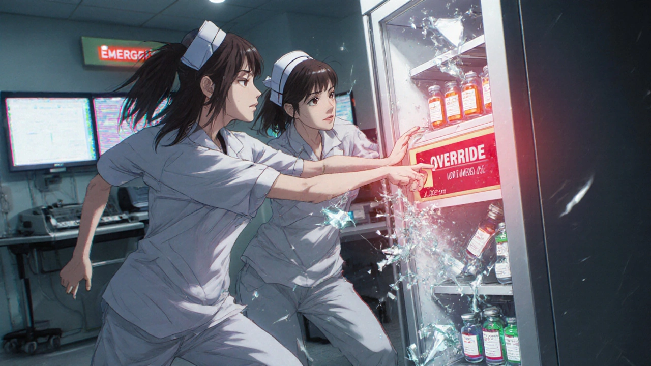 A nurse nearly overrides a dangerous insulin dose as a colleague rushes to stop her, with red alerts flashing on the cabinet screen.