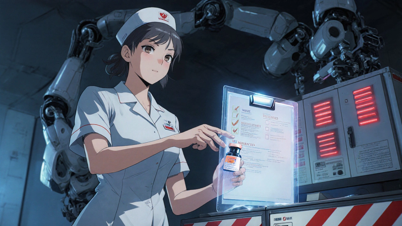 A nurse removes a recalled drug from an emergency cart as digital verification checks light up beside her.