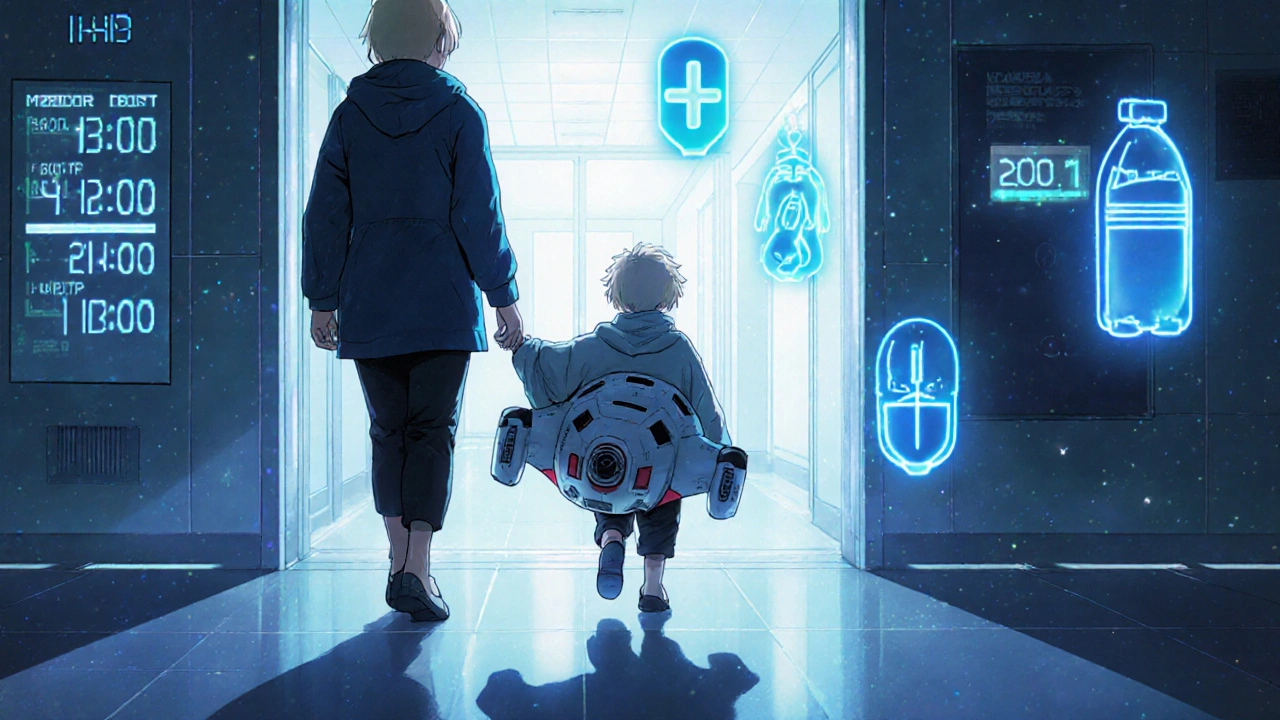 A parent and child entering a glowing hospital with digital fasting timers and floating medication icons above them.