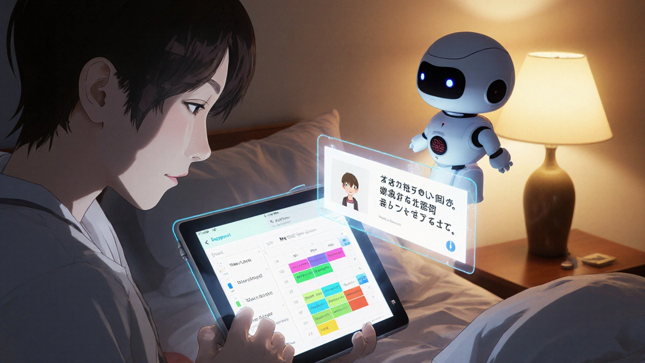 A parent uses a tablet app with floating holograms to track their child’s medications, aided by a hovering robotic assistant.
