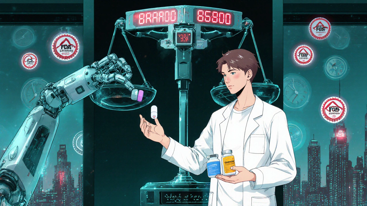 A patient comparing branded and generic pills beside a digital price scale with medical AI guidance.