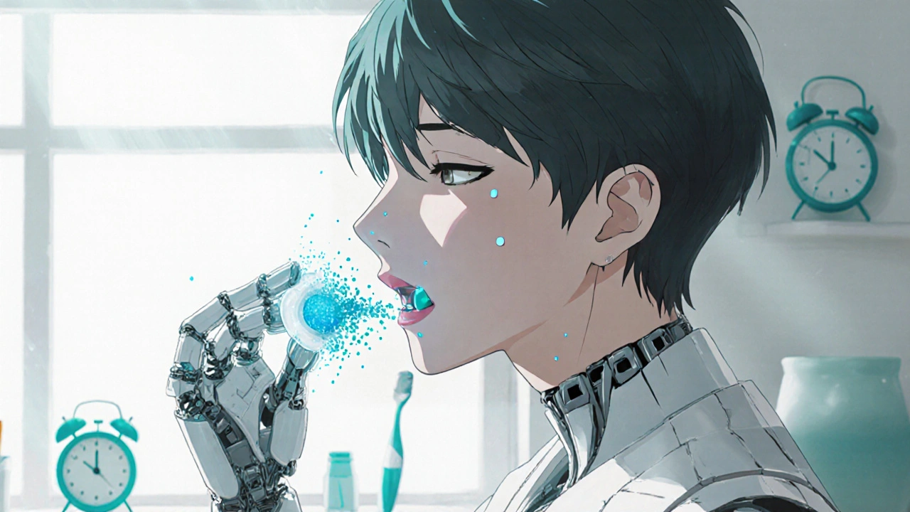 A teen taking a sublingual tablet at home as a digital pollen grain dissolves into calming neural energy.