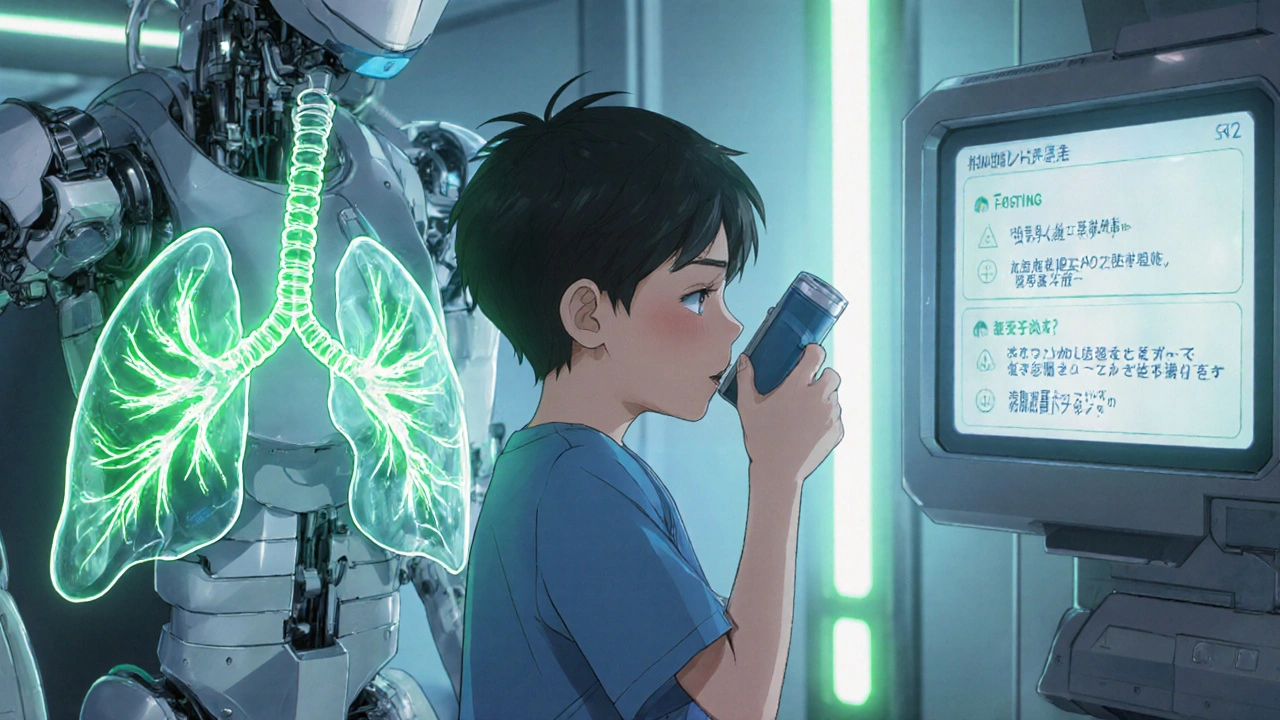 An asthmatic child using an inhaler as glowing airway pathways and a robotic nurse monitor vitals in a futuristic surgical bay.