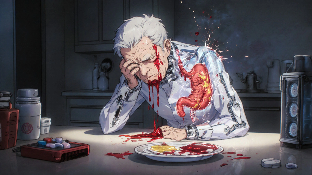 An elderly person collapsing as internal bleeding is revealed through robotic overlays in their stomach and brain.