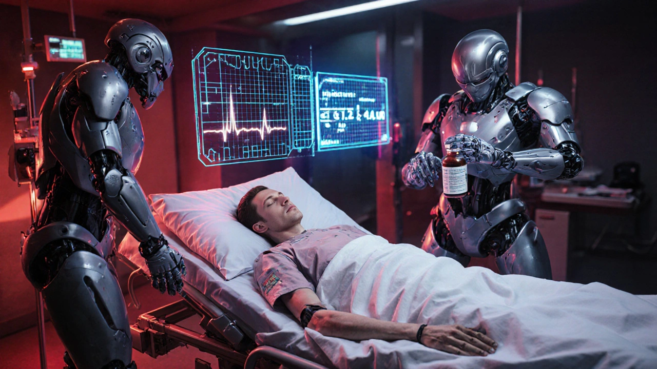 An emergency scene with medical robots administering treatment to a patient with elevated potassium levels.