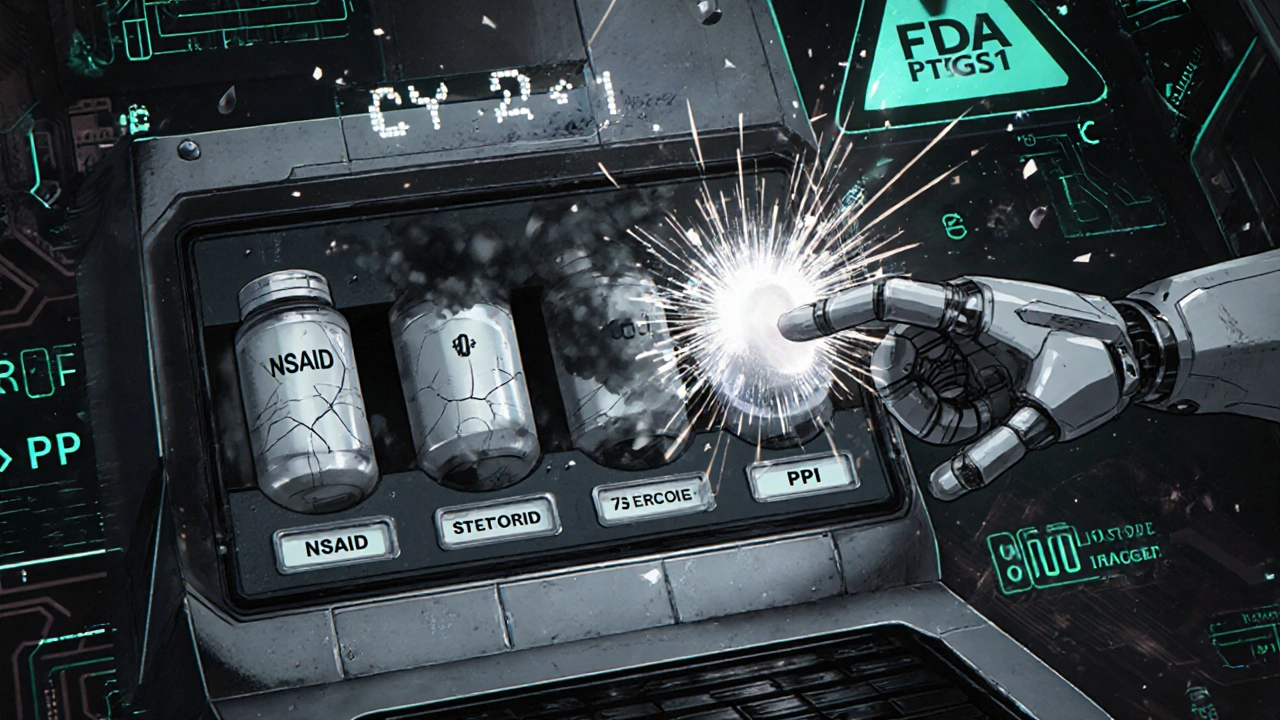 Futuristic pill dispenser with NSAID, steroid, and PPI compartments, timer shattering as robotic hand inserts PPI.