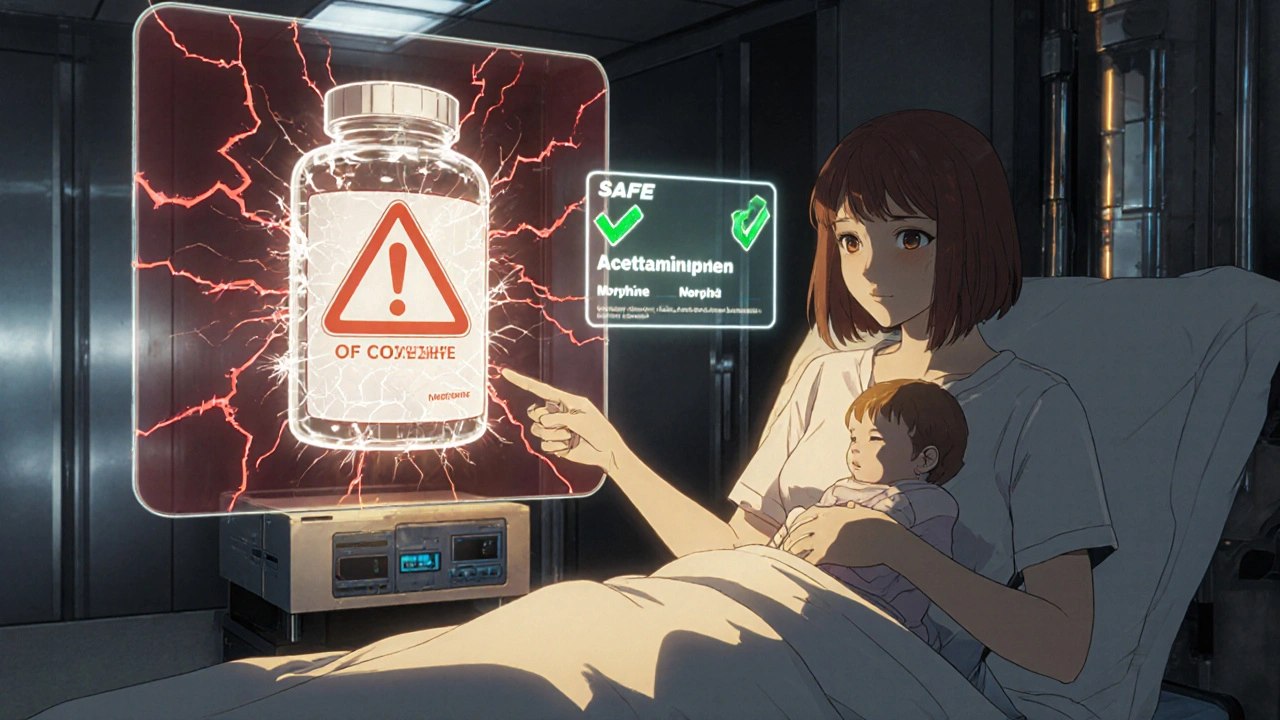 Hospital scene with holographic warning over codeine, mother choosing safe alternatives.