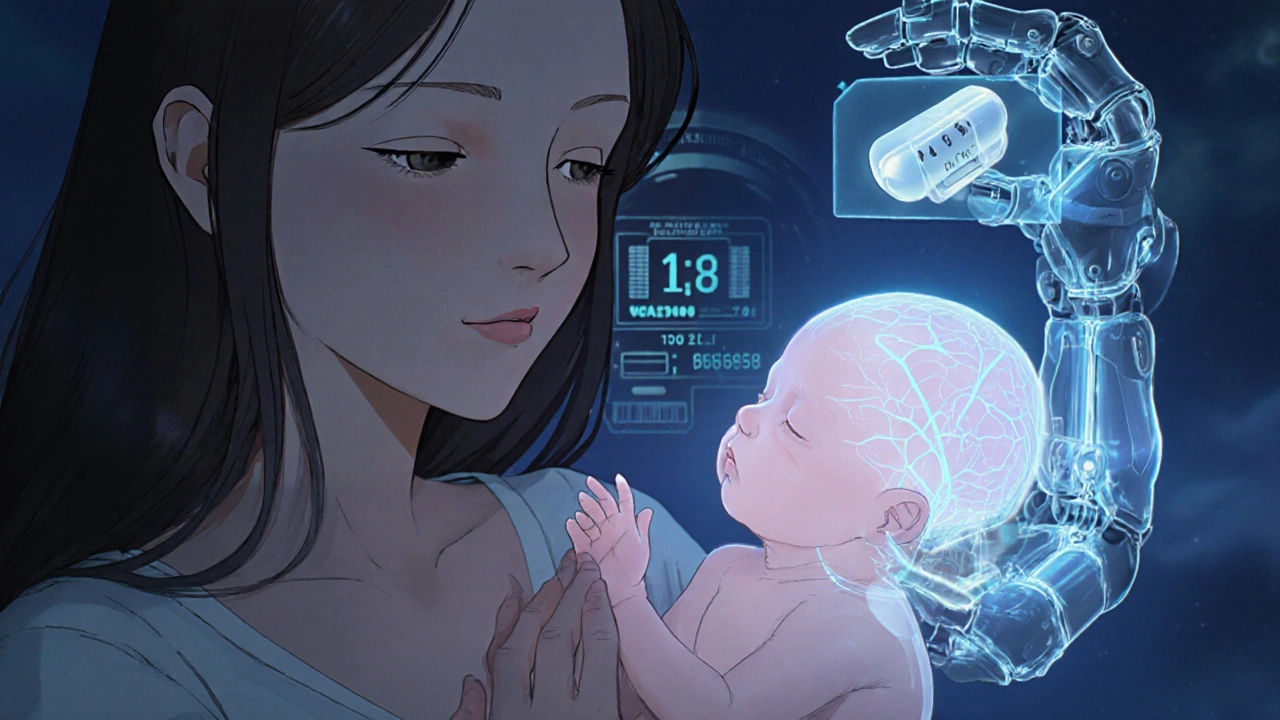 Newborn with glowing neural pathways showing low drug absorption, mother&#039;s hand on chest.