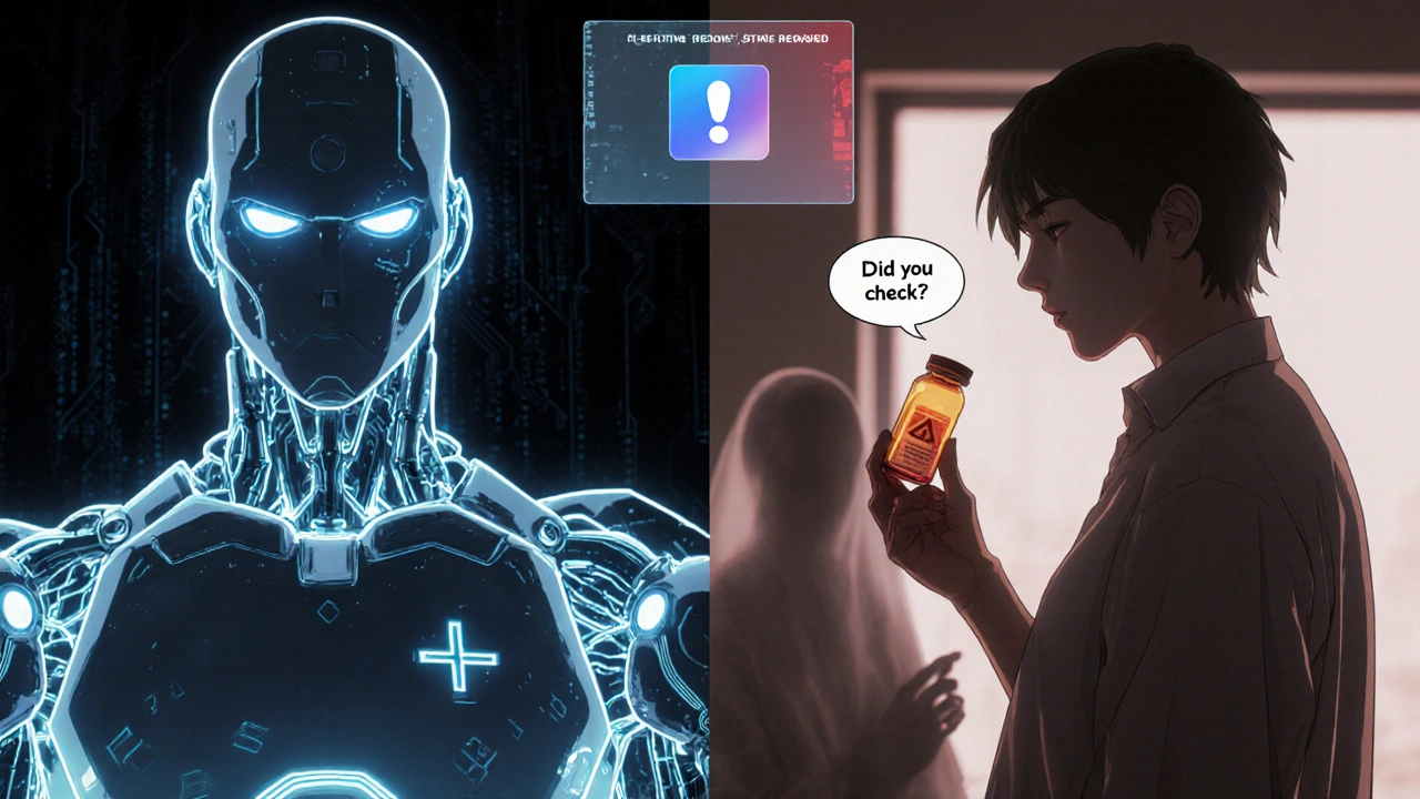 Patient holds pill bottle at home while a digital warning hovers, contrasting hospital AI safety with unreported errors.