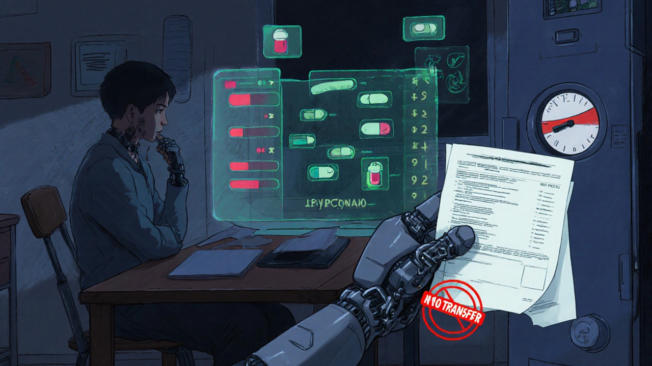 Patient with floating medication lists: green transferable pills vs. red barred controlled substances.