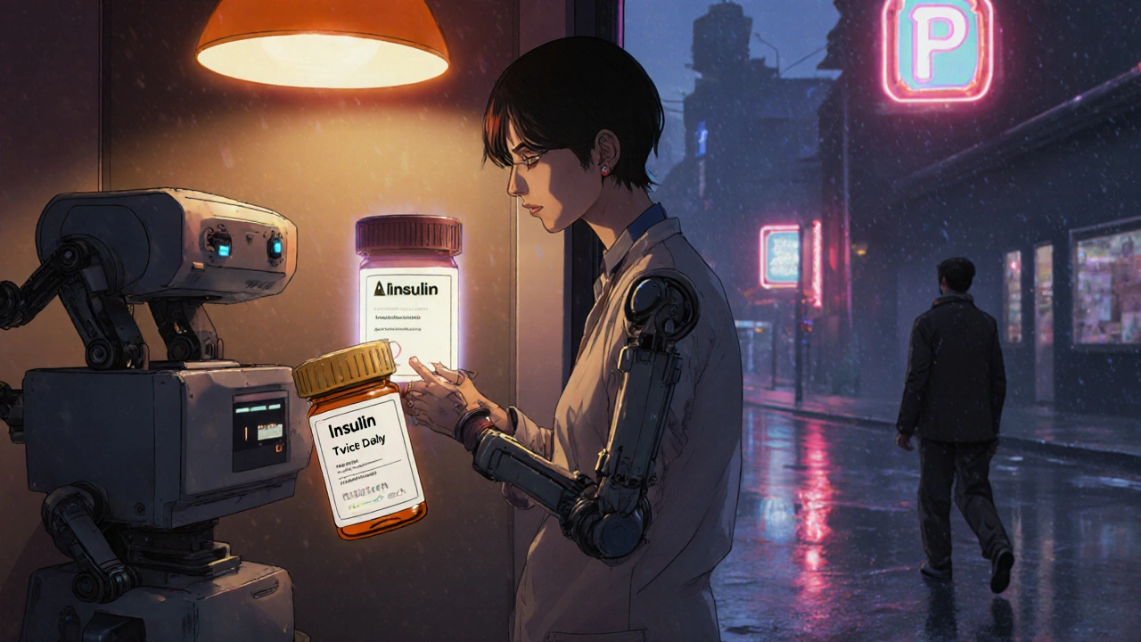 Pharmacist checks a prescription label beside an automated dispenser, with a dangerous dosing error glowing above the bottle.