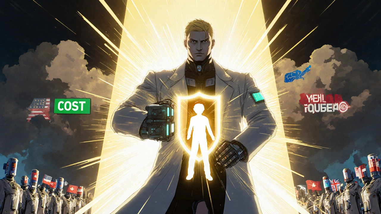 Pharmacist uses gravimetric analyzer to protect child from unsafe meds, light breaking through dark symbols.