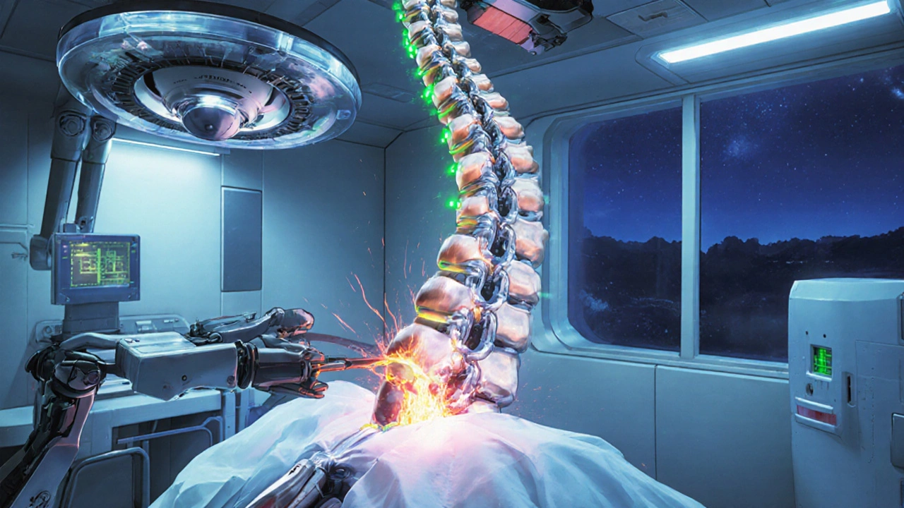Robotic surgery scene fusing spinal vertebrae with bio-metal grafts and hovering surgical drones.