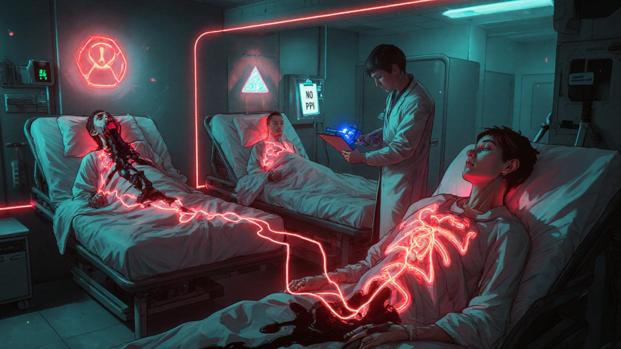 Three patients in ER with internal bleeding warnings, connected to a &#039;No PPI&#039; clipboard, cyberpunk hospital setting.