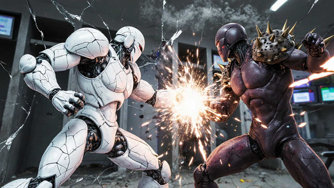 Two robot warriors representing HA-MRSA and CA-MRSA fighting in a ruined locker room with toxin particles exploding.