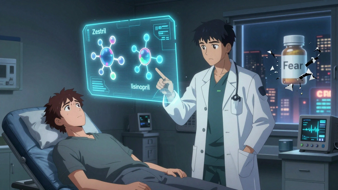 A doctor and patient face each other as a hologram shows identical drug molecules, one branded, one generic.