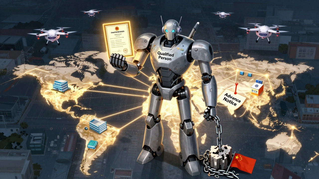 A global supply chain network with a towering Qualified Person android crushing a chain labeled &#039;Advance Notice&#039;.
