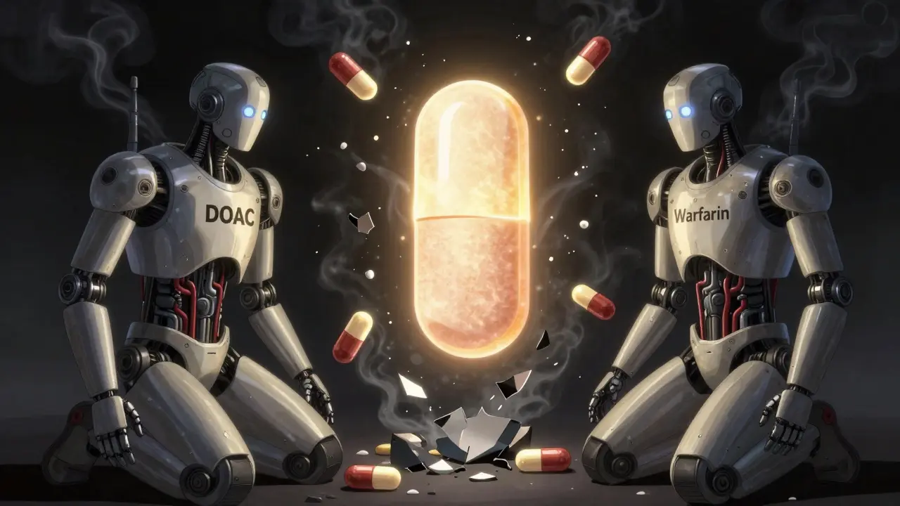 A glowing acetaminophen pill floats as sacred artifact, surrounded by shattered NSAID capsules in dark void.