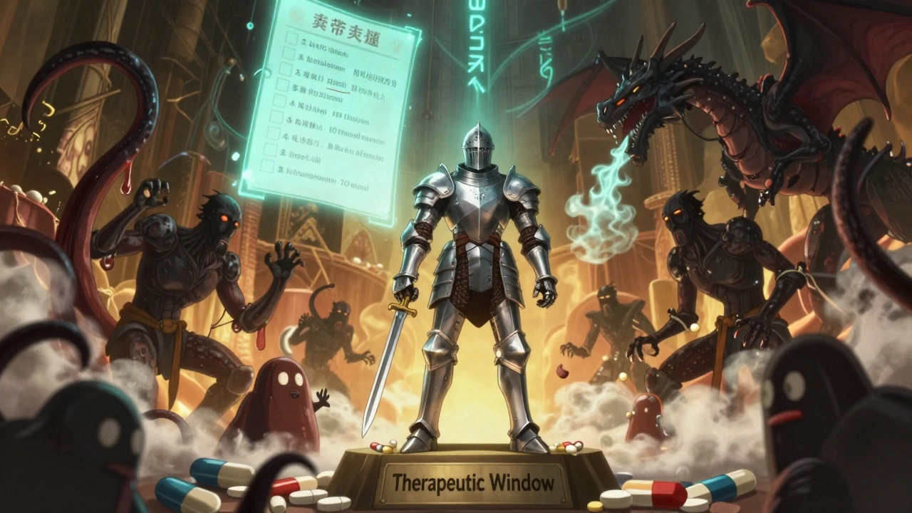 A knight representing digoxin battling hostile forces of interacting substances inside a human body, anime robot style.