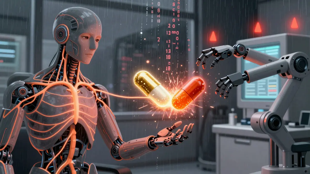 A patient's neural pathway flickering between brand and generic pill forms, sparking warnings with falling numerical data.