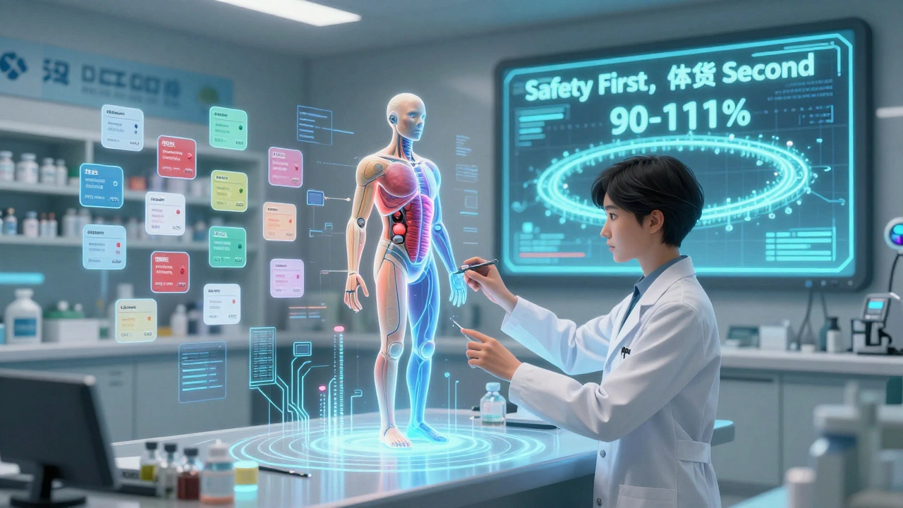 A pharmacist操控 a 3D PBPK simulation of virtual patients, with a glowing 90-111% bioequivalence threshold on screen.