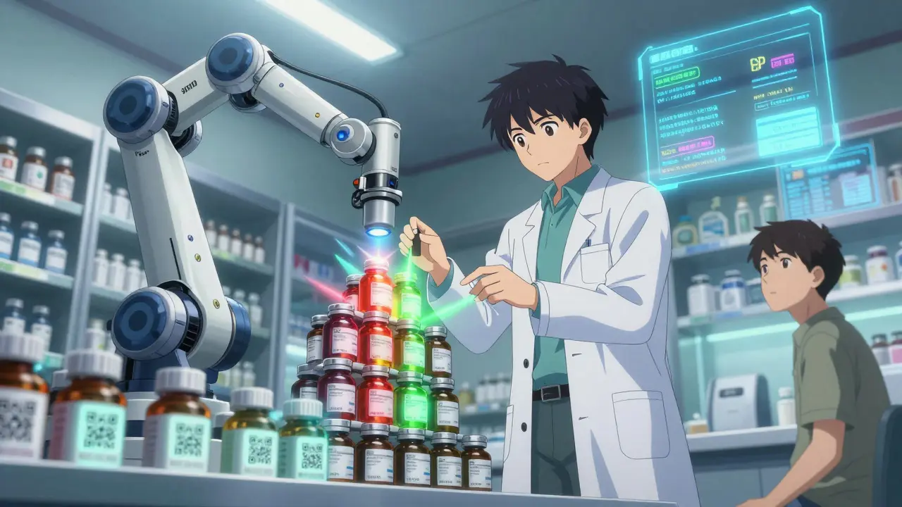 A pharmacist uses a robotic arm to scan medication bottles with color-coded interaction alerts.