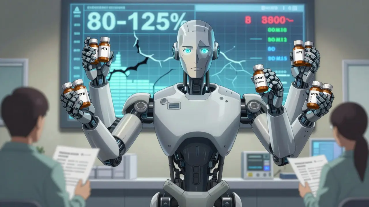 A robotic pharmacist hesitates with a 'Do Not Substitute' pill bottle, surrounded by NTI drugs and a cracking bioequivalence screen.