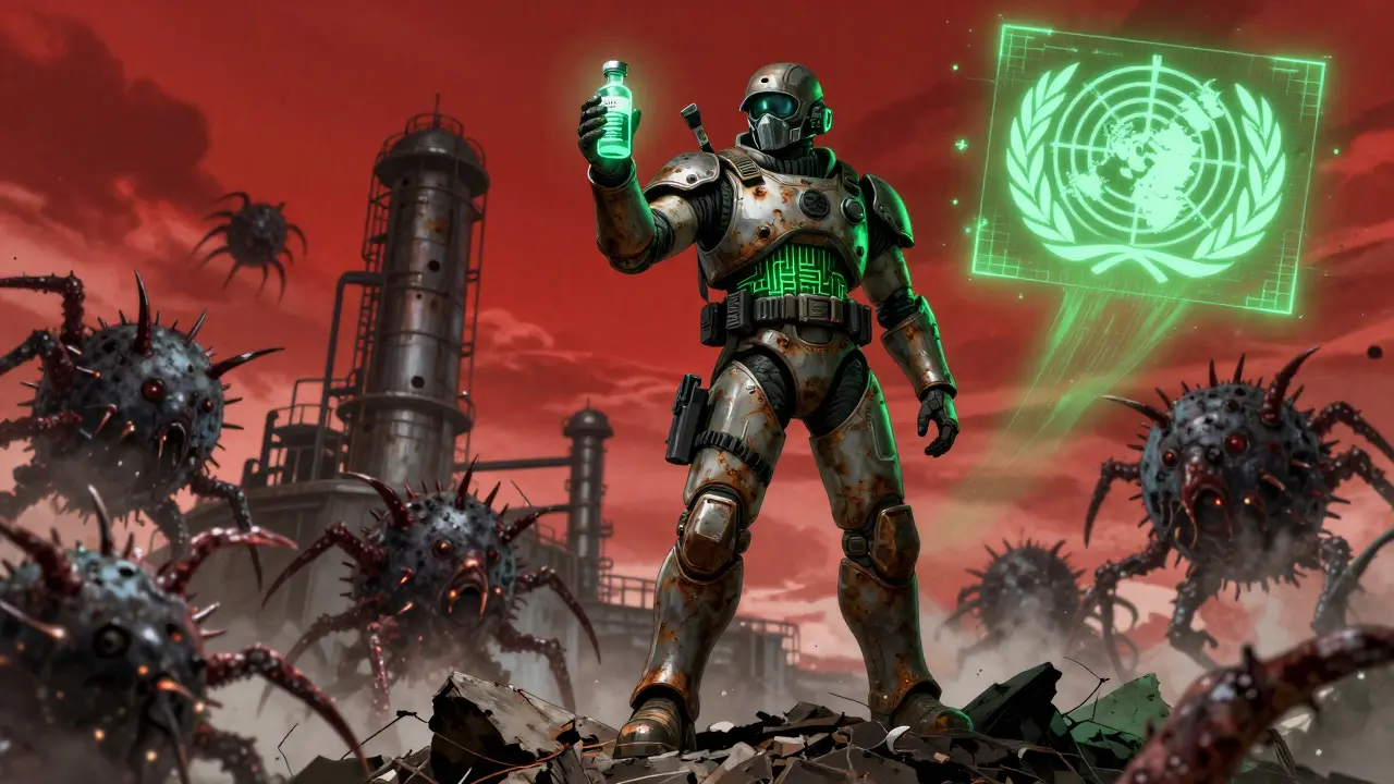 A soldier atop a crumbling antibiotic factory holding a glowing vial as mutated superbugs approach under a warning hologram.
