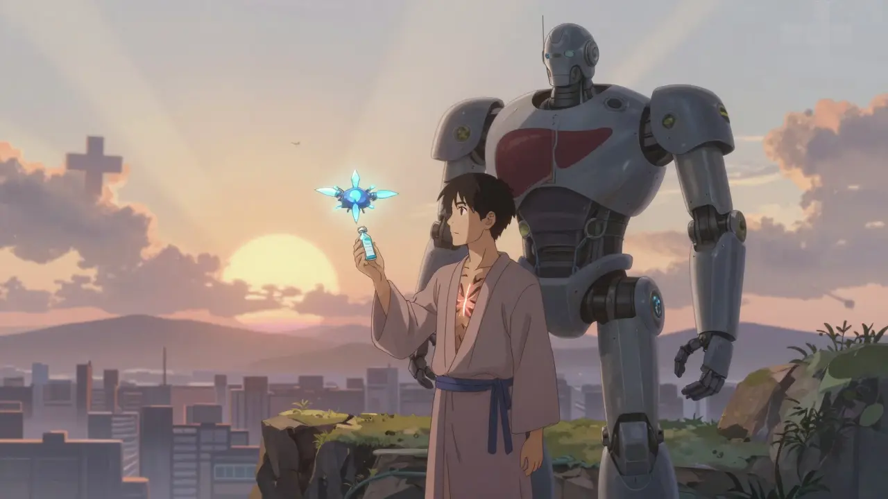 A survivor stands on a cliff with a glowing liver tattoo, guarded by a robotic liver guardian as sunrise breaks.