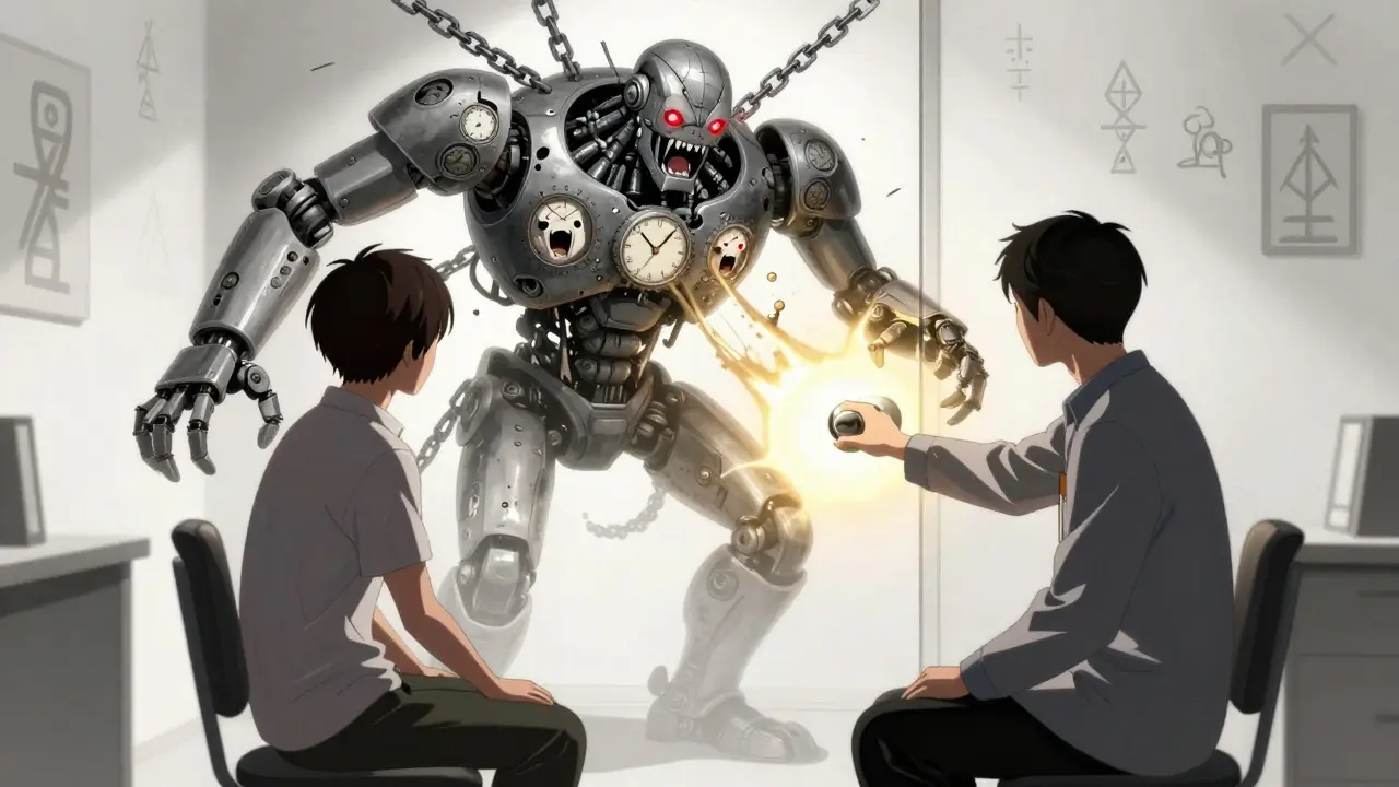 A therapist facing a person confronting a mechanical anxiety monster made of clocks and screams.