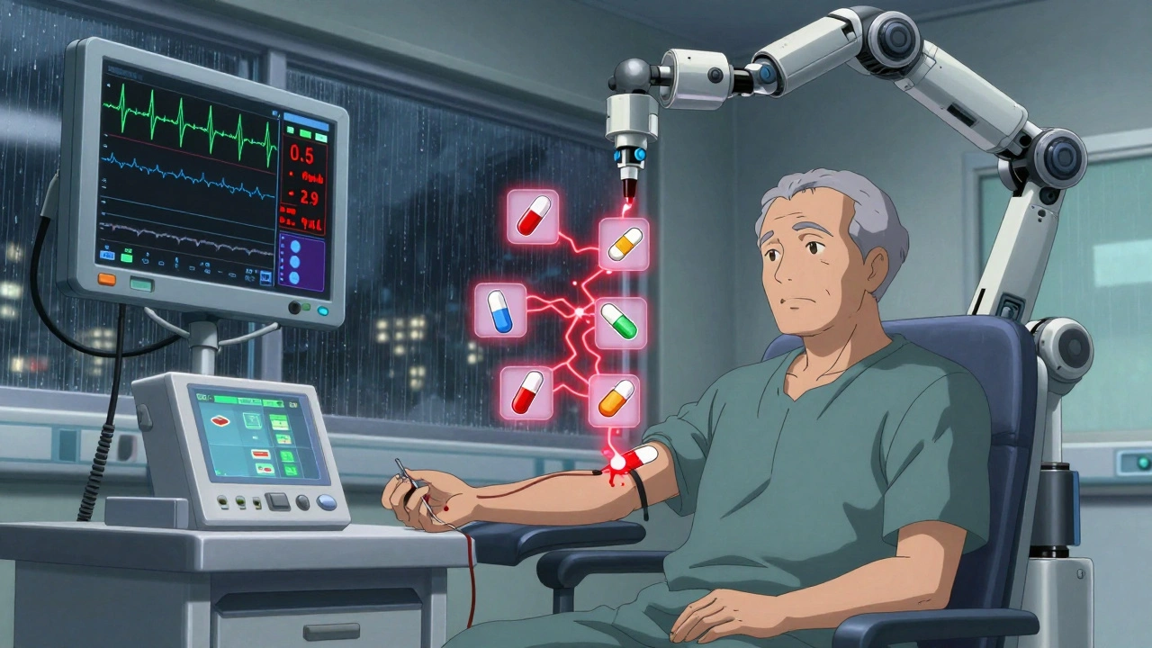 An elderly patient in a high-tech monitoring room with robotic arms drawing blood and digital digoxin level displays.