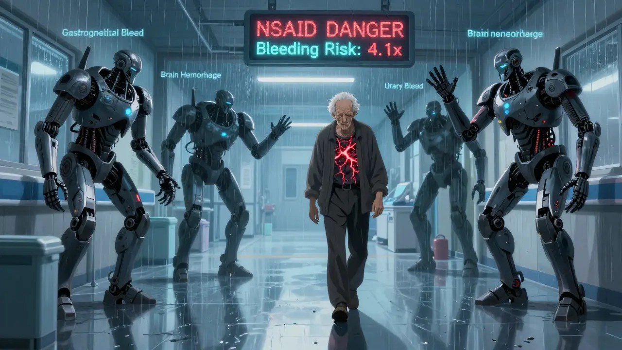 An elderly patient walks past warning signs in a hospital corridor as shadowy bleeding threats reach out.