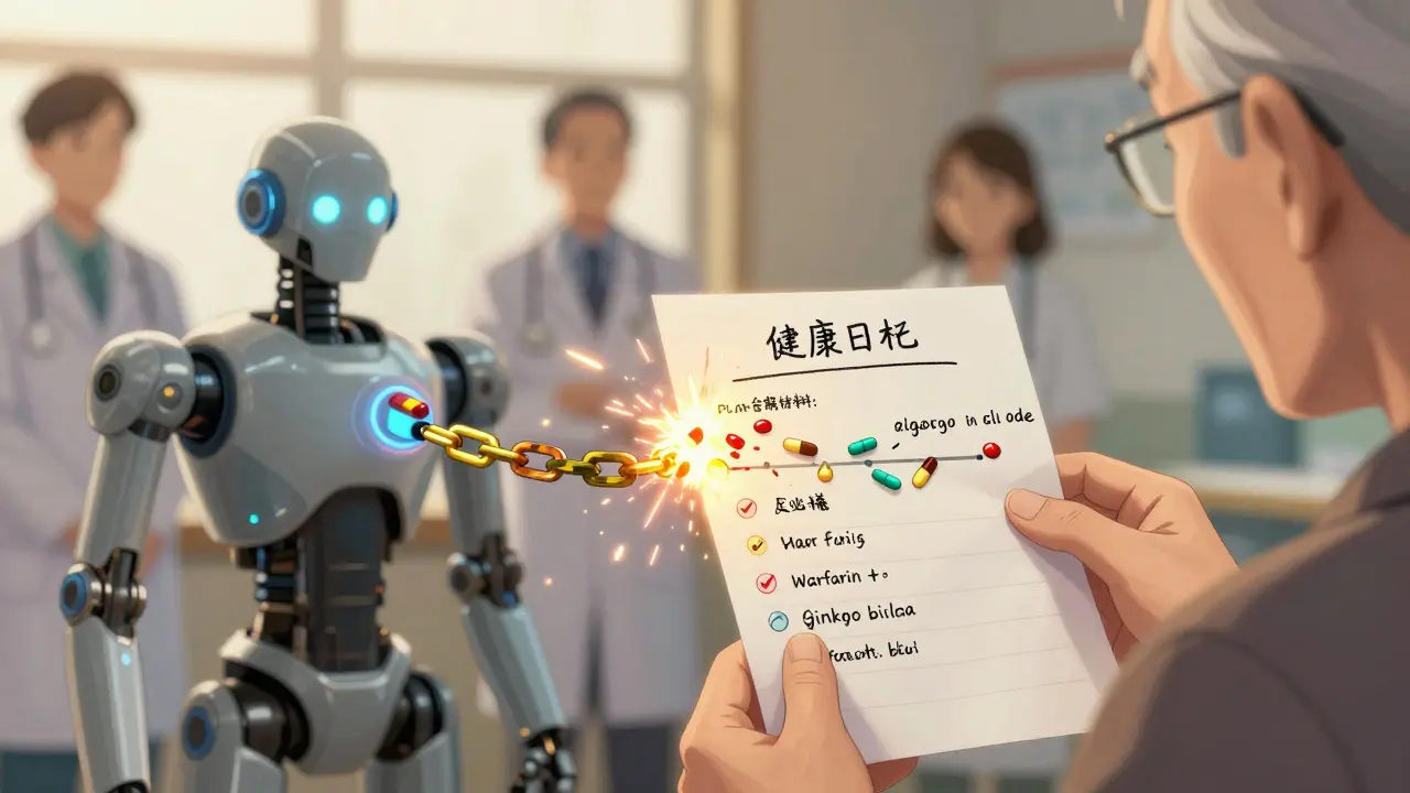 An elderly person holds a medication list that visually breaks apart dangerous drug connections.