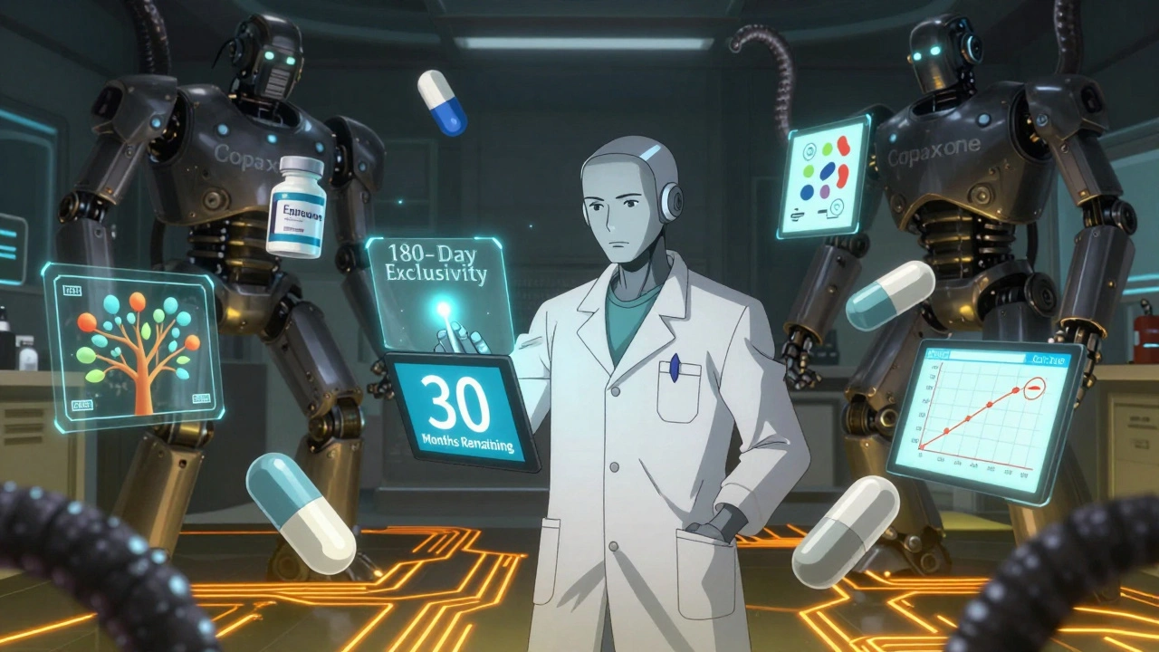An engineer in a high-tech lab activates a countdown to generic drug approval, surrounded by floating patent models and looming corporate robots.