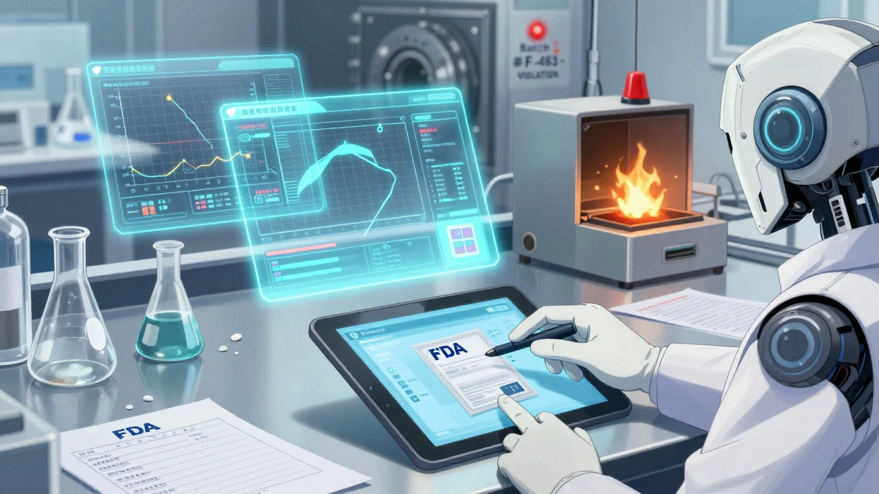 An FDA inspector placing a digital tablet on a lab bench surrounded by holographic data and burning paper records.