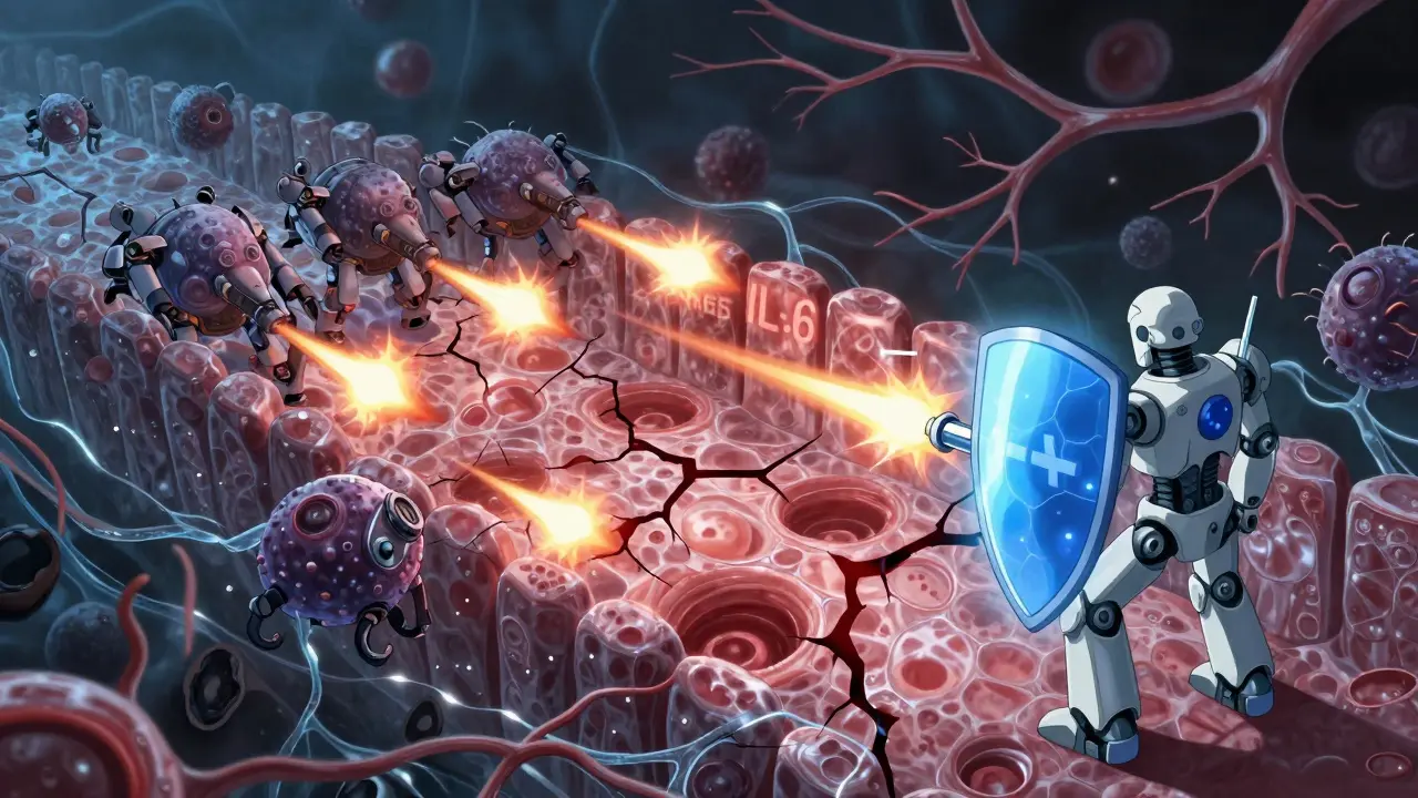 Armored immune cells attacking the inner ear barrier while a steroid robot deploys a protective shield.