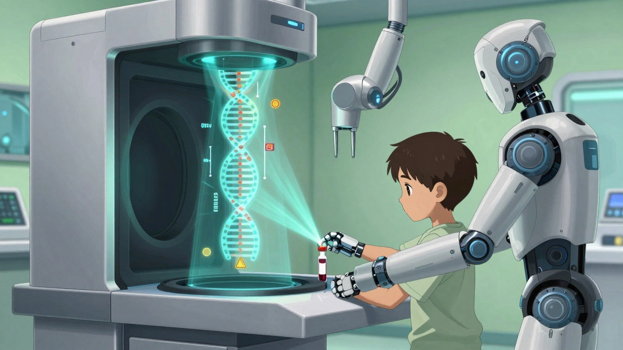 Child in a futuristic screening chamber being scanned by light beams analyzing genetic markers for heart risk.