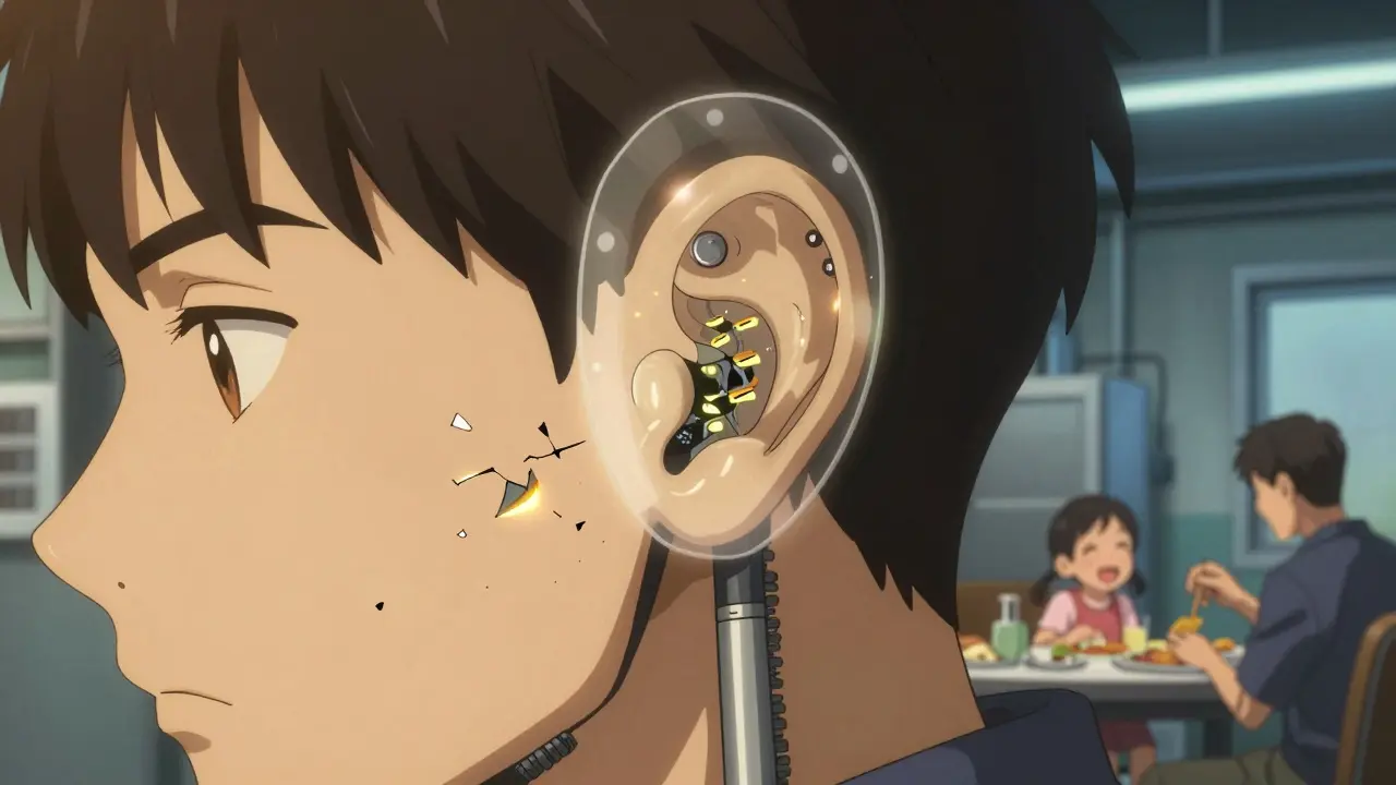 Close-up of inner ear with damaged cells and protective nanotech shield, fading into family scene