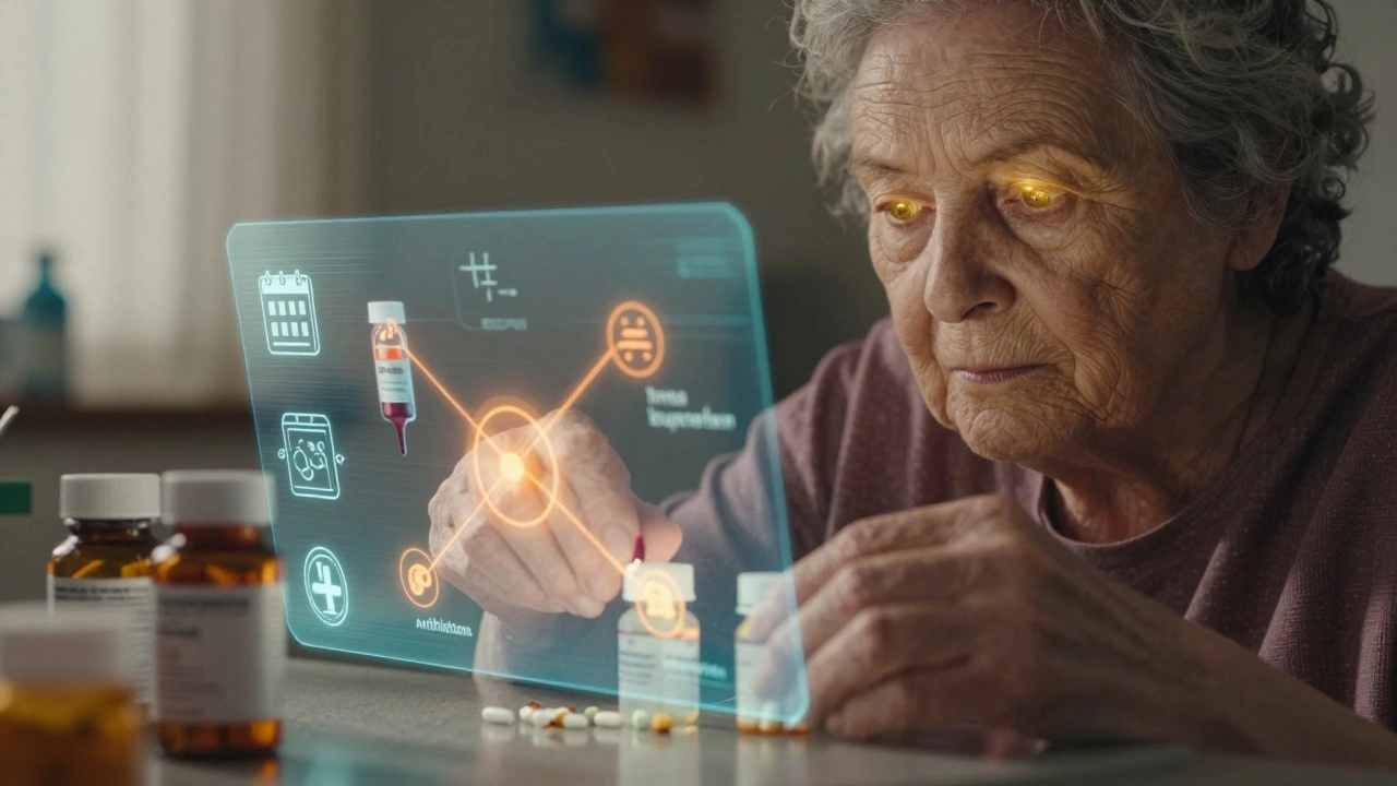 Elderly woman’s hands placing meds as holograms reveal dangerous drug interactions glowing in amber.