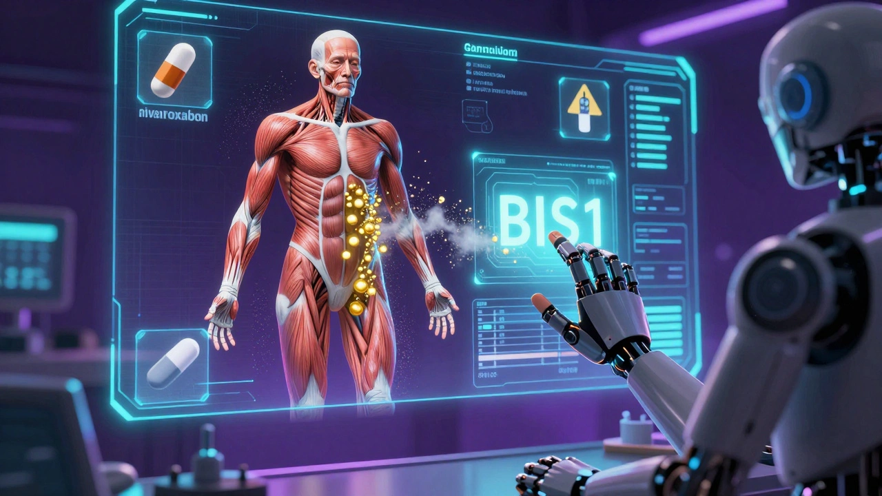 Futuristic AI console showing muscle loss and cystatin C glow as a hand overrides an outdated algorithm.