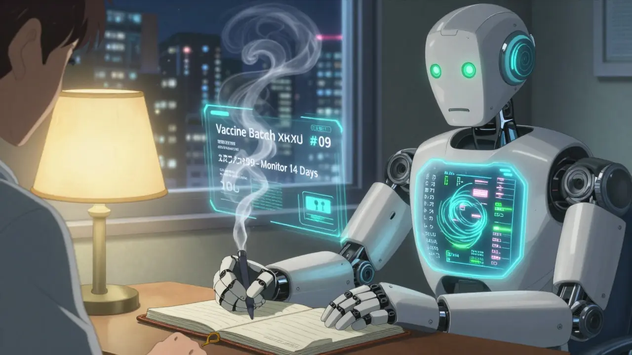 Hand writing in a notebook beside a medical robot displaying floating symptom data.