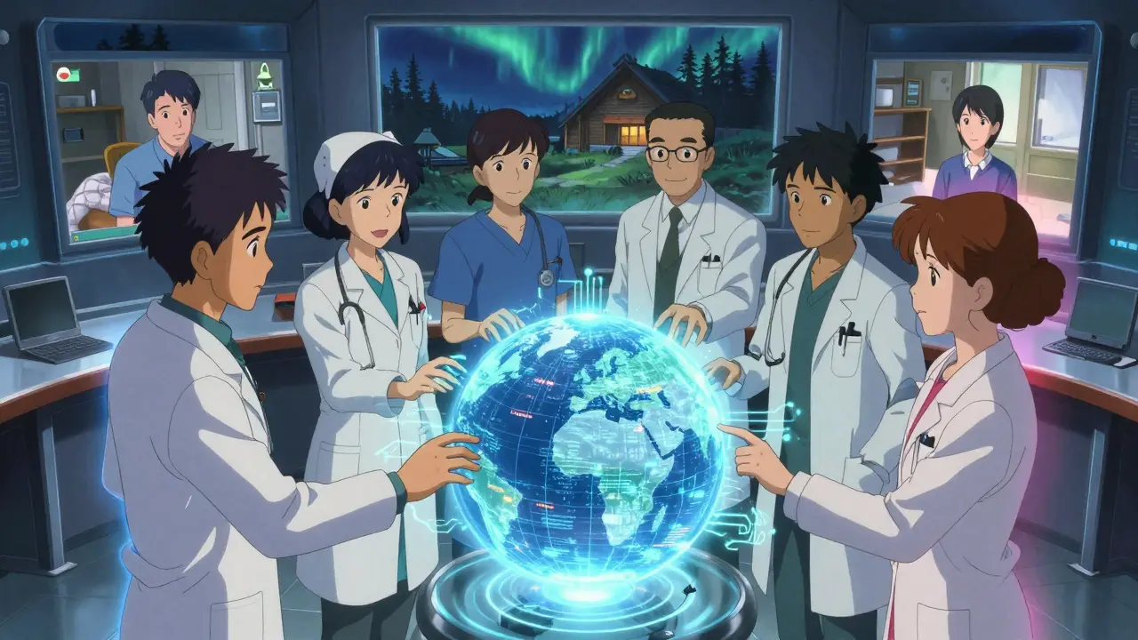 Healthcare team connected by glowing data streams around a shared patient hologram.