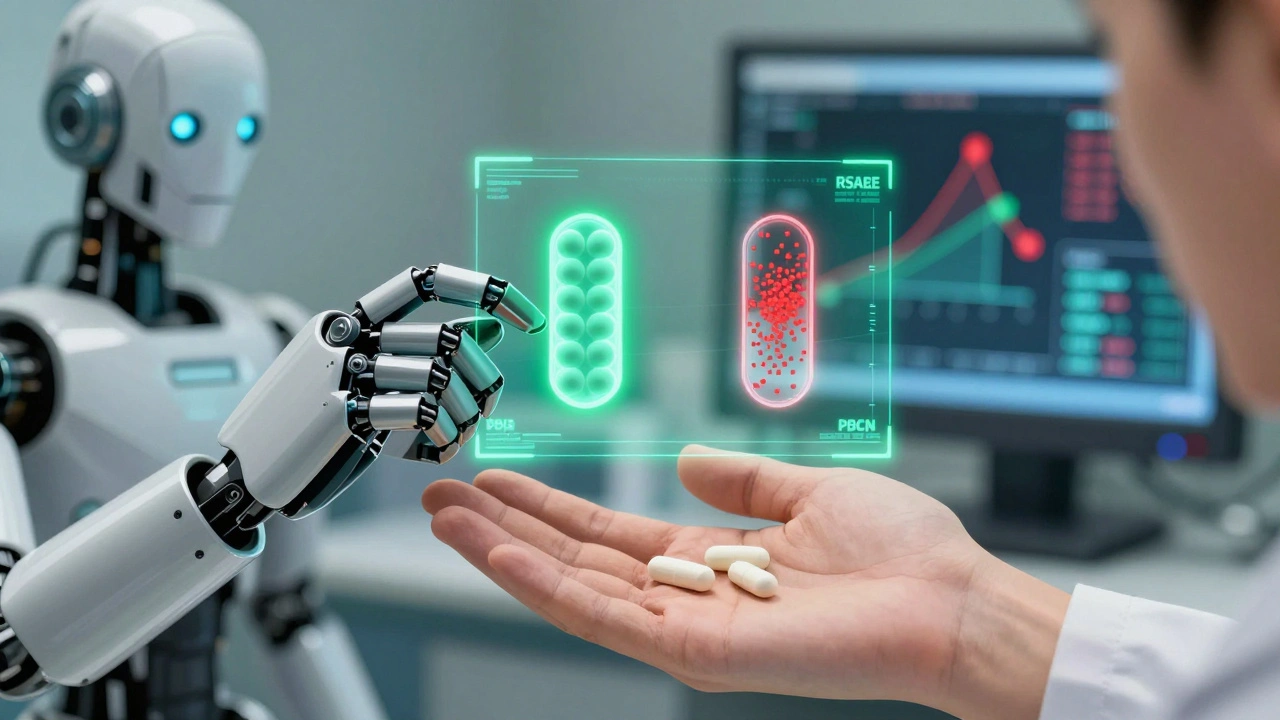 Identical tablets shown with internal bead structures revealed through X-ray, one ordered, one chaotic, with RSABE graph above.